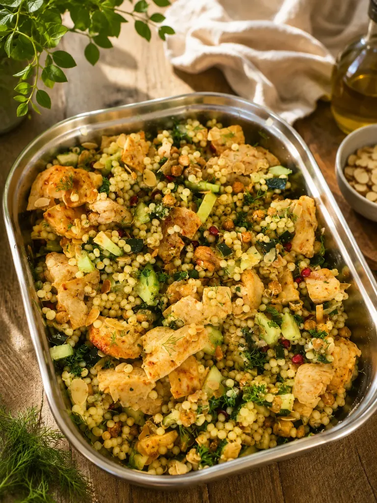 Salade de couscous perlé, courgettes rôties, pois chiches croustillants, concombre, halloumi doré, amandes grillées, herbes fraîches et sauce tahini-pesto citronnée