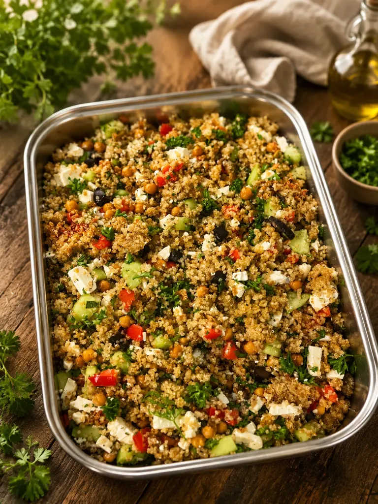 Salade de quinoa croustillant, légumes d’été et pois chiches rôtis, feta, concombre, herbes fraîches et vinaigrette citronnée au miel
